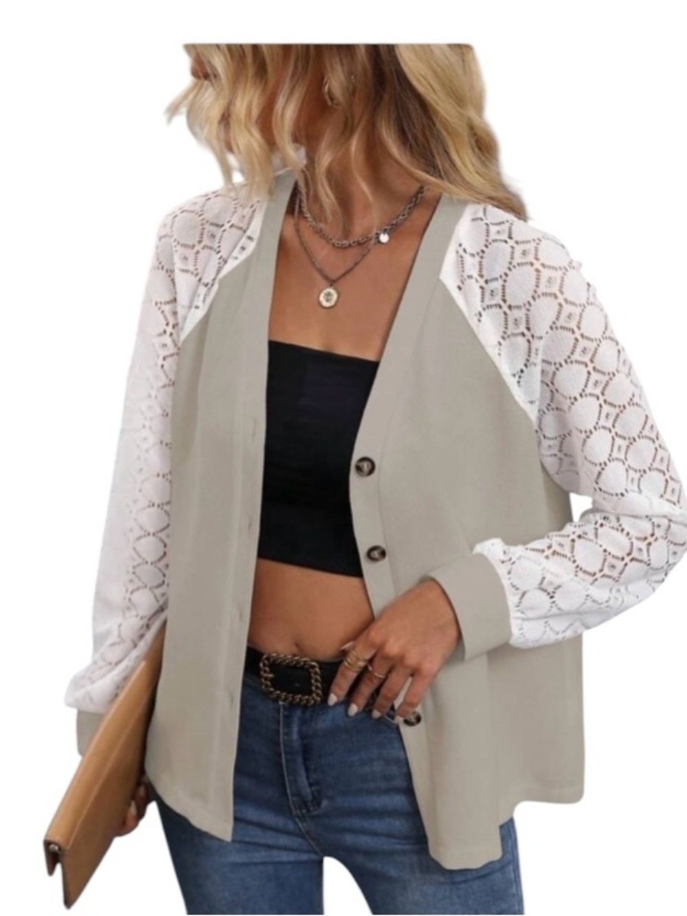 SHEIN LUNE Contrast Pointelle Raglan Sleeve Button Front Blouse size M
